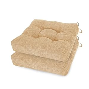 ELFJOY Chair Cushions for Dining Chairs Set of 2 Square Seat Cushion 17x17x4 inch Kitchen Chair Pads Tufted Chair Pillow with Ties and Non Slip Backing (Khaki)