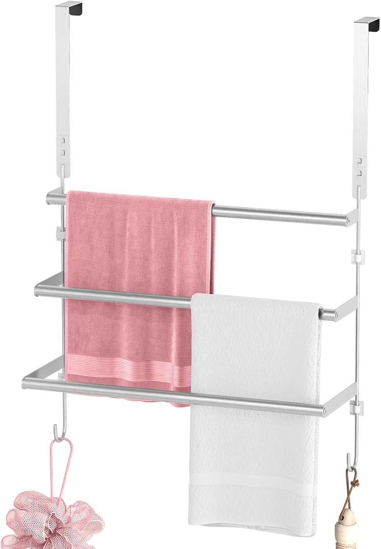 Over The Door Towel Rack,Towel Rack with Hooks for Door Hanging, Door Towel Bar, Over Door Towel Racks for Bathroom (Brush Nickel) (3-Tier Rack)