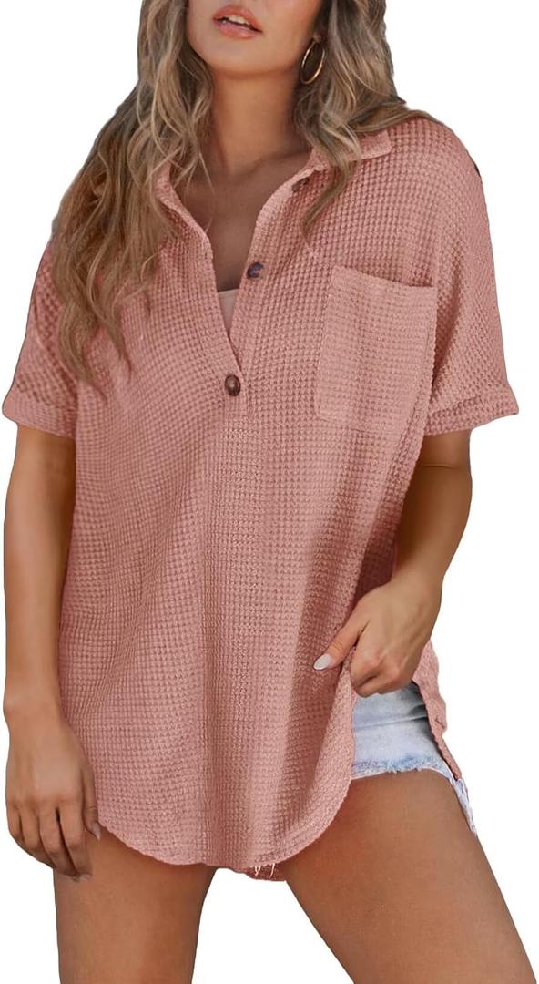 Astylish Women Waffle Knit Tops Henley Shirts Long Sleeve V Neck Solid Color Casual Tunic (Pink, S)