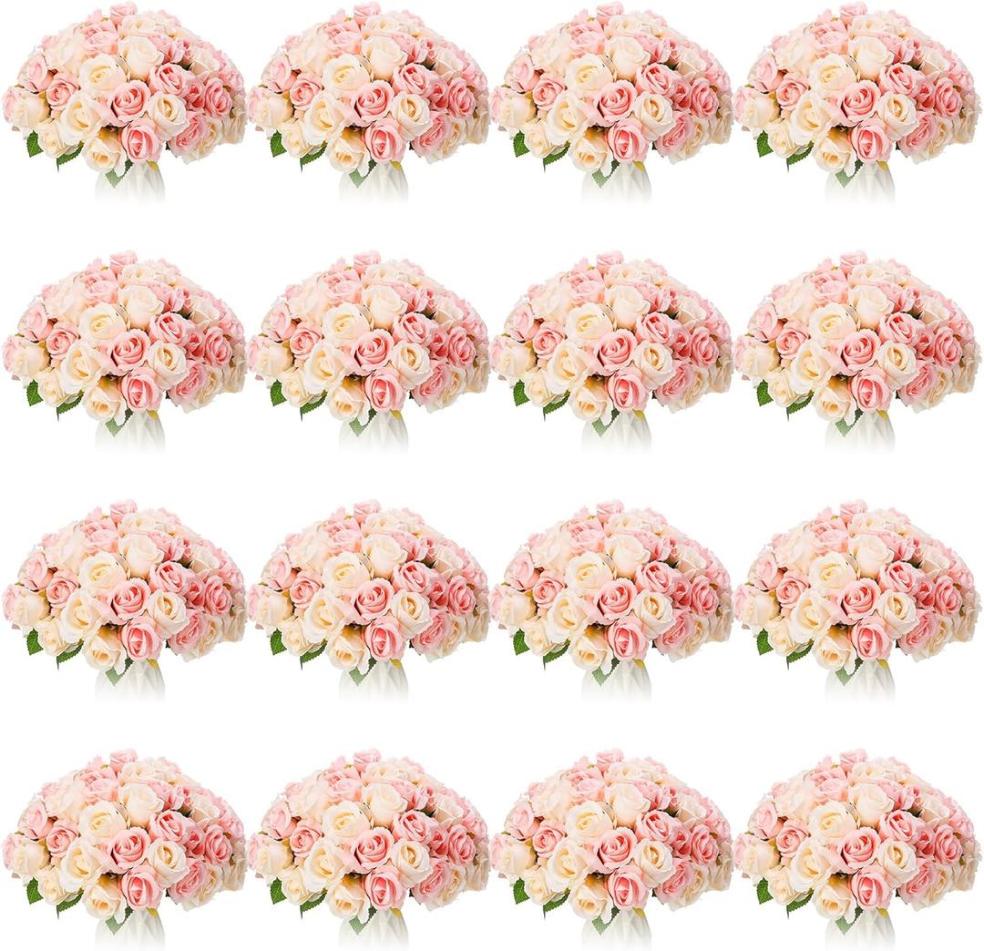 Jexine 240 Pcs Artificial Rose Flowers Bouquet Silk Realistic Flowers Bulk Centerpieces DIY Bride Fake Rose for Home Bridal Wedding Party Decorations(Pink and White)