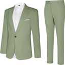 Linen Men's Suit Set Casual Tuxedo 2 Piece Regular Fit Blazer One Button Solid Jacket and Pants for Prom Wedding Party (Light Green, L)