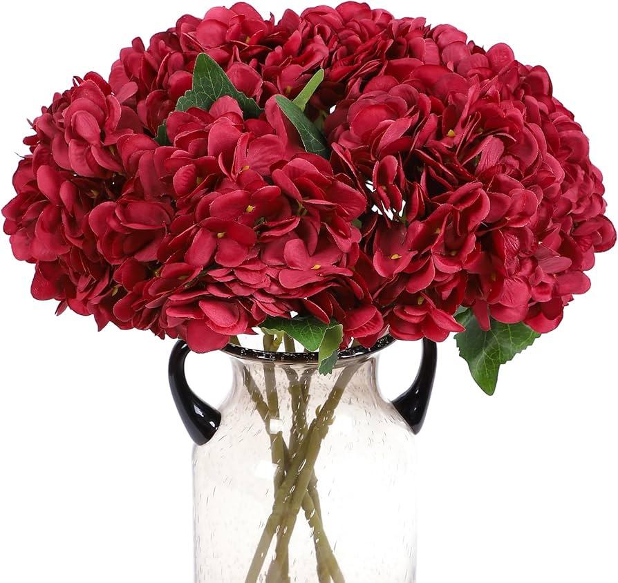 6 PCS Artificial Hydrangea Flowers, Faux Silk Hydrangea with Long Stems, Home Wedding Decor, Table Centerpieces, Party Decorations (red)