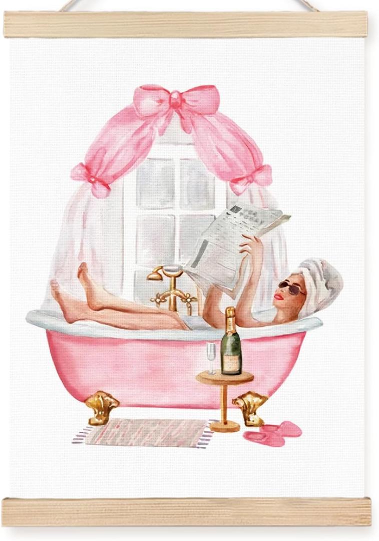 FDHSPAAM Vintage Pink Bathroom Wall Art Decor, Girly Bathroom Decor, Trendy Coquette Pink Bow Woman Drinking Wall Art Posters for Bath Room Washroom Restroom Spa, 12x16 Inch