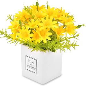 AIFUSI Artificial Flowers, Yellow Daisy Flower with Vase Silky Artificial Daisies Bouquet Fake Plant Bonsai for Home Office Wedding Decoration, Table Centerpieces Arrangement, Windowsill Decor