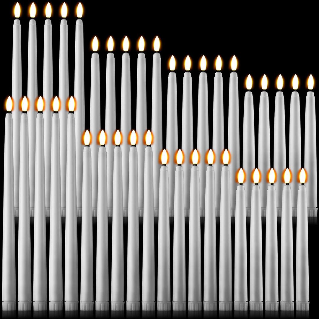 Baquler 40 Pcs Flameless Taper Candles LED Flickering Taper Bulk Battery Operated Flameless Candle for Halloween Christmas Birthday Wedding Decoration, 8.5/9.7/10.8/12.8 Inch(White)
