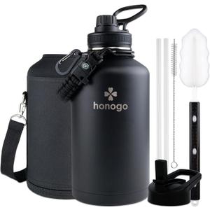 64 oz Insulated Water Bottle with Straw lid & Spout lid, Stainless Steel Half Gallon Water Flask Jug with Paracord Handle & Strap Pouch, Large Vacuum Thermo Bottles, Cold for 48 Hrs (Black)