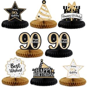 Happy 90th Birthday Decorations,90th Bday Gold Glitter Shiny Stand Honeycomb Table Centerpieces - Cheers to Ninety Years Old Birthday Party Photoprop Gift Sign.