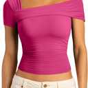 SUUKSESS Women One Off The Shoulder Summer Tank Tops Ruched Short Sleeve Shirts (Pink, S)