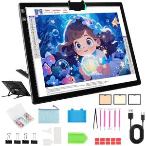 TSOCOS Rechargeable A3 Diamond Painting Light Pad, Battery & USB Powered, 3 Colours, 6 Levels Brightness, Tracing Light Box with Stand & Magnetic Clip