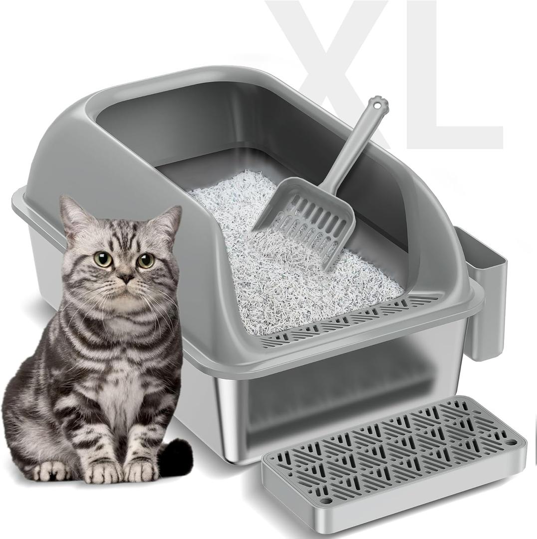 Stainless Steel Litter Box with Lid, XL Extra Large Metal Cat Litter Box for Big Cats, High Sided Design with Scoop & Pedal, Non-Stick, Anti-Leak, Easy to Clean-Light Grey (1_Pack)
