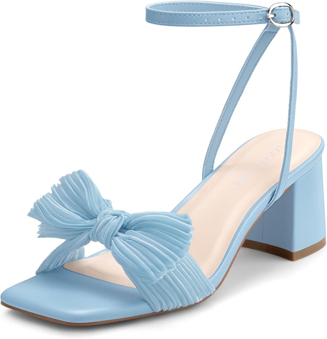 Women's Bow Knot Low Block Chunky Heeled Sandals Square Open Toe Ankle Buckle Strap Bride Wedding Party Shoes, 7