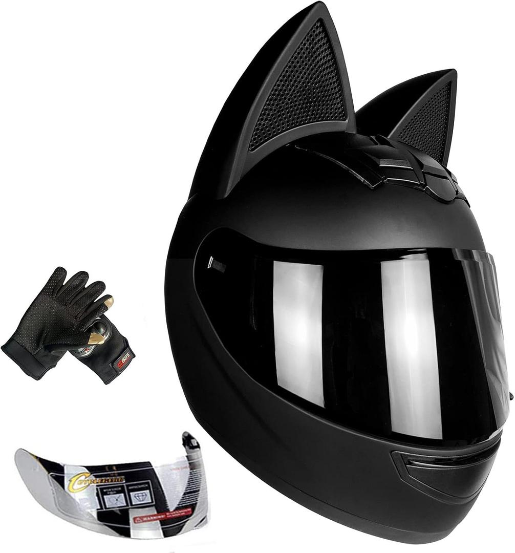 Cat Ear Motorcycle Helmet with Gloves and 2 Visor, Full Face Youth Men and Women Racing Motocross Helmet Medium