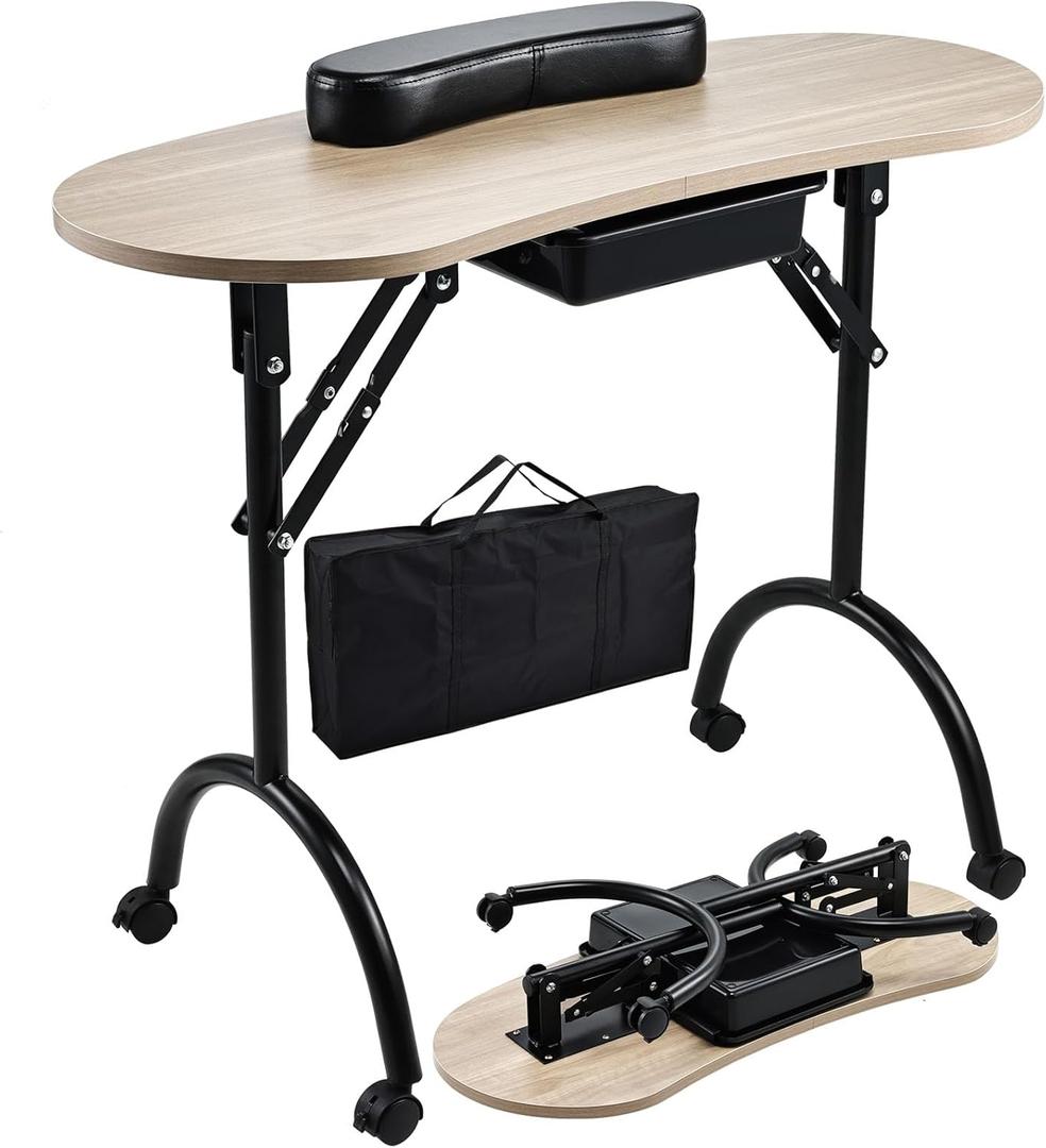 Joligrace Professional Foldable & Portable Manicure Table Nail Technician Desk Workstation 4 Lockable Wheels with Drawer Client Wrist Pad Free Carrying Bag Travel Nail Tech Spa Beauty Table Wooden