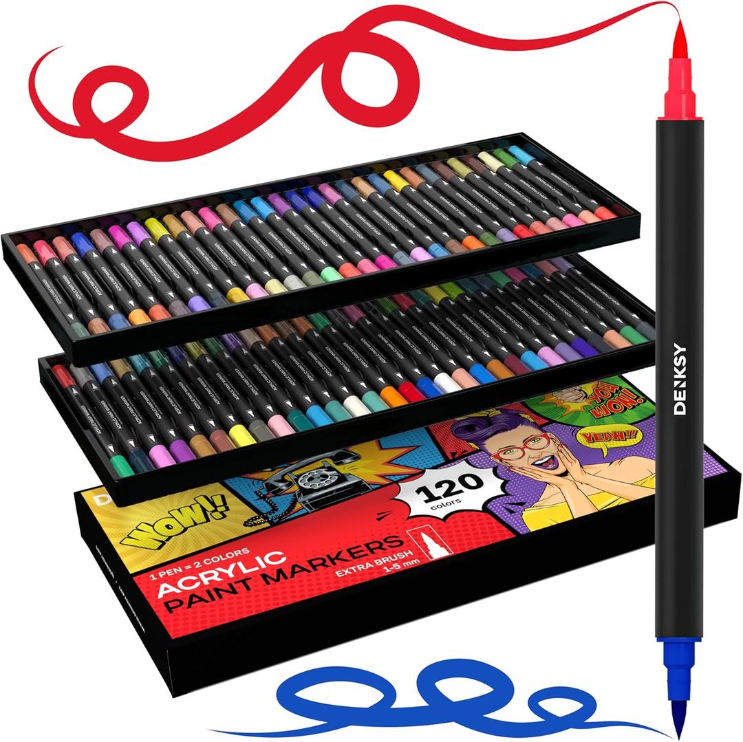 120 Dual Tip Acrylic Paint Markers Set | Colored Markers with Brush Tip | Art Markers for Adults | Acrylic Paint Pens for Rock Painting, Canvas, Glass, Wood, Ceramic, DIY Crafts, Fabric