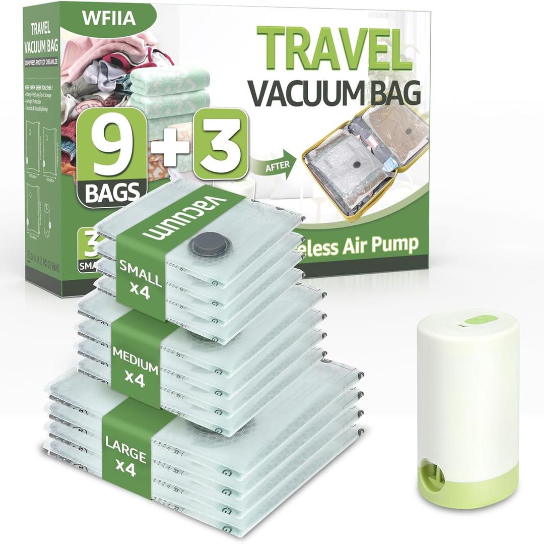 12 Packs Vacuum Bags for Travel with Rechargeable air Pump, 3 Sizes Vacuum Seal Bags for Clothing, Space-Saving Compression Storage Bags for Travel & Closet Organization
