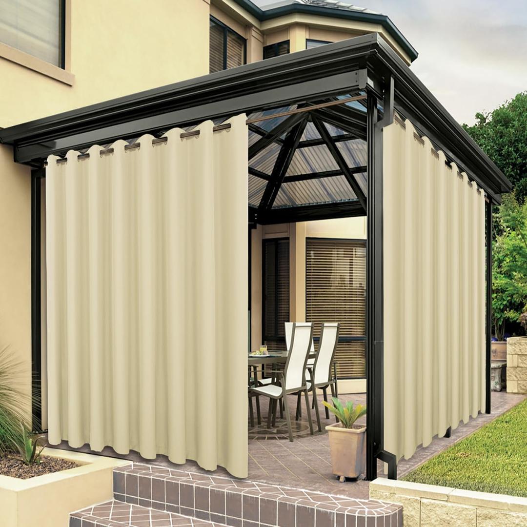 BONZER Outdoor Waterproof Curtains for Patio Wide Grommet Light Filtering Outside Curtains for Gazebo, Porch, Pergola, Pavilion, 1 Panel, 110W x 84L inch, Cream