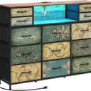 Tohomeor Retro Dresser with Charging Station & LED Light with Boho Fabric Drawers for Bedroom Chest of Drawers TV Stand with Power Outlet Open Shelf Storage (13 Drawers)