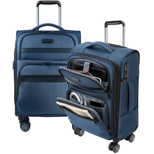 KROSER Softside Expandable Carry On Luggage with Front Business Pockets，20 Inch Suitcases with Spinner Wheels & Built-in TSA Lock, Durable Suitcase Rolling Luggage with USB Port, Haze Blue