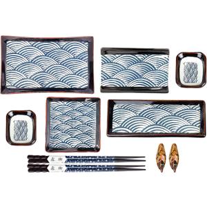Artcome 10 Piece Japanese Style Ceramic Sushi Plate Dinnerware Set with 4 Sushi Plates, 2 Sauce Dishes, 2 Pairs of Chopsticks, 2 Chopsticks Holders (10 Pcs Blue Wave)
