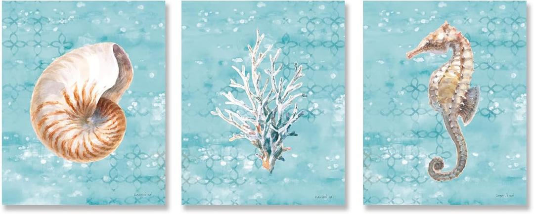 SEVEN WALL ARTS 3pcs Coastal Wall Art Marine Picture Ocean Animal Print Teal Seashell Conch Sealife Artwork for Bathroom Living Room Bedroom Decor