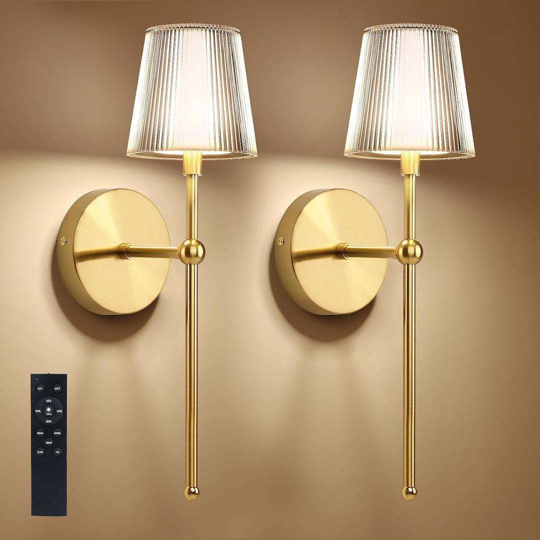 TaoFiaCo Battery Operated Wall Sconces Set of 2, Wireless Wall Sconce with Remote Dimmable Timer, Rechargeable 5200mAh, Cordless Wall Light Gold for Bedroom Living Room, Hallway, Light Decor