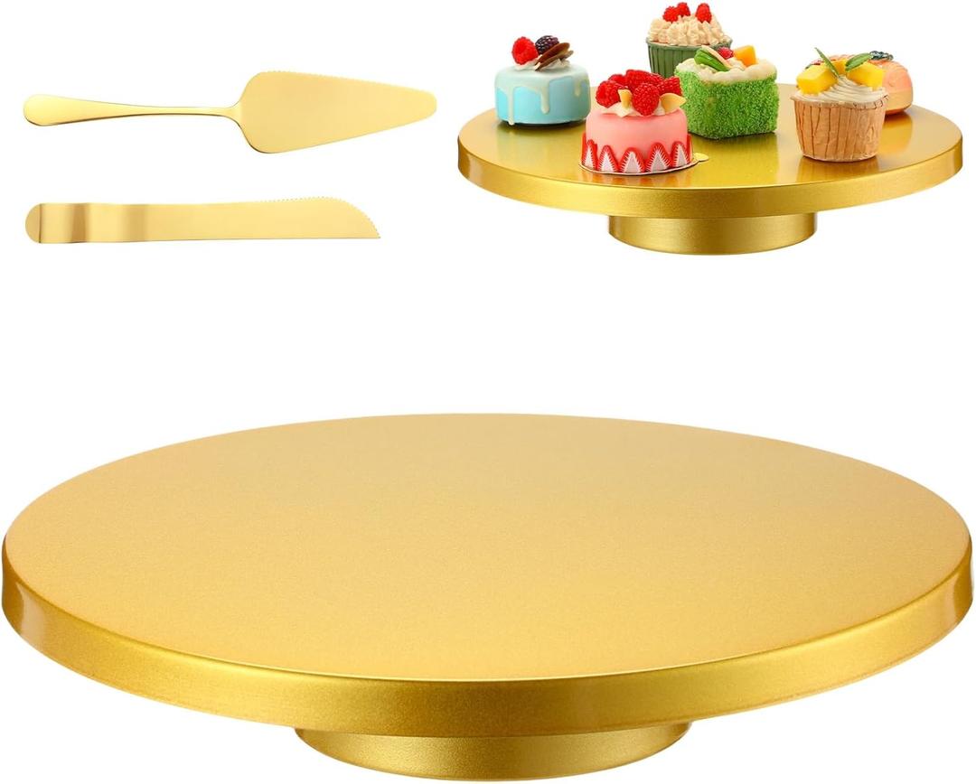 Wenqik 14 Inch Metal Gold Cake Stand with Cake Knife and Spatula, Round Dessert Table Display Stand Metal Dessert Tray Serving Platter for Party, Wedding, Birthday, Baby Shower, Anniversary