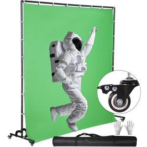 7*6.5FT Green Screen Backdrop with Wheels,Chromakey Green Photography Polyester Background Studio Portable Movable Backdrop Support Stand with Pulley for Streaming,Video Gaming,Zoom Meeting