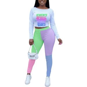 Remelon Womens 2 Piece Pants Set Color Block Sweatsuits Long Sleeve Printed Top Leggings Jogging Tracksuits Workout Sets (X-Large, Green)