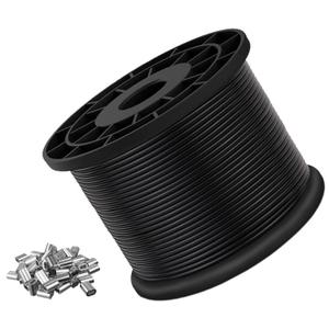 Vinyl Coated Wire Rope 304 Stainless Steel Coated Wire Cable-Black, 1/16" OD to 3/32" x 1000FT, with 300 Pcs Crimping Sleeves-Cable for String Lights, Suitable for Clotheslines