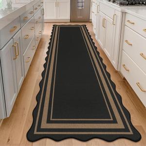 SHACOS 3x10 ft Washable Runner Rug Scalloped Non Slip Woven Texture Geometric Farmhouse Modern Carpet for Porch Hallway Kitchen Entryway Indoor Outdoor Patio Carpet Black, 3'x10'
