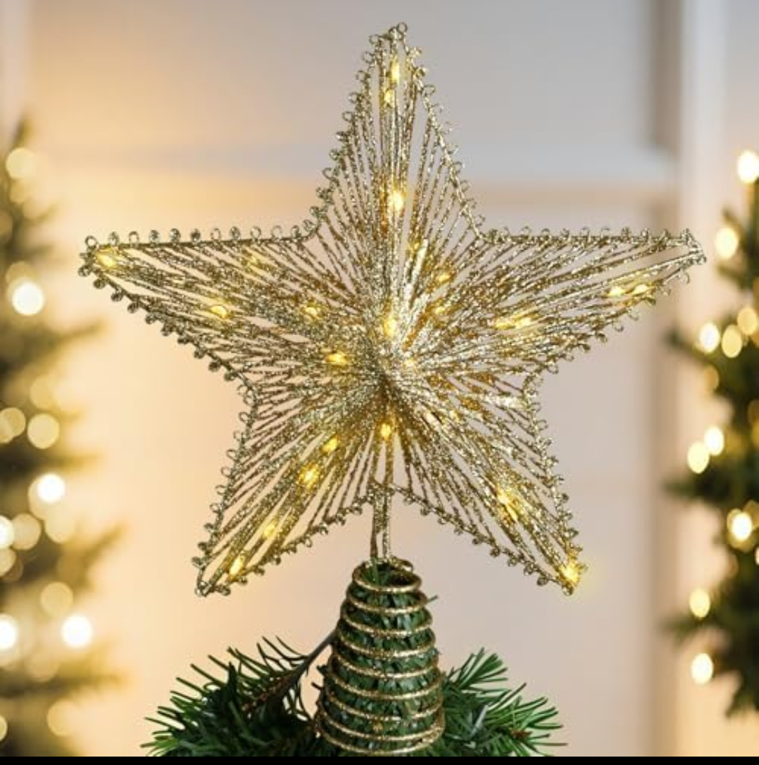 Christmas Tree Topper Star 12 Inch Gold Glitter Hollow Star Tree Topper Metal with Warm White 30 LED Lights for Xmas Decorations Ornaments Indoor Decor Holiday Party