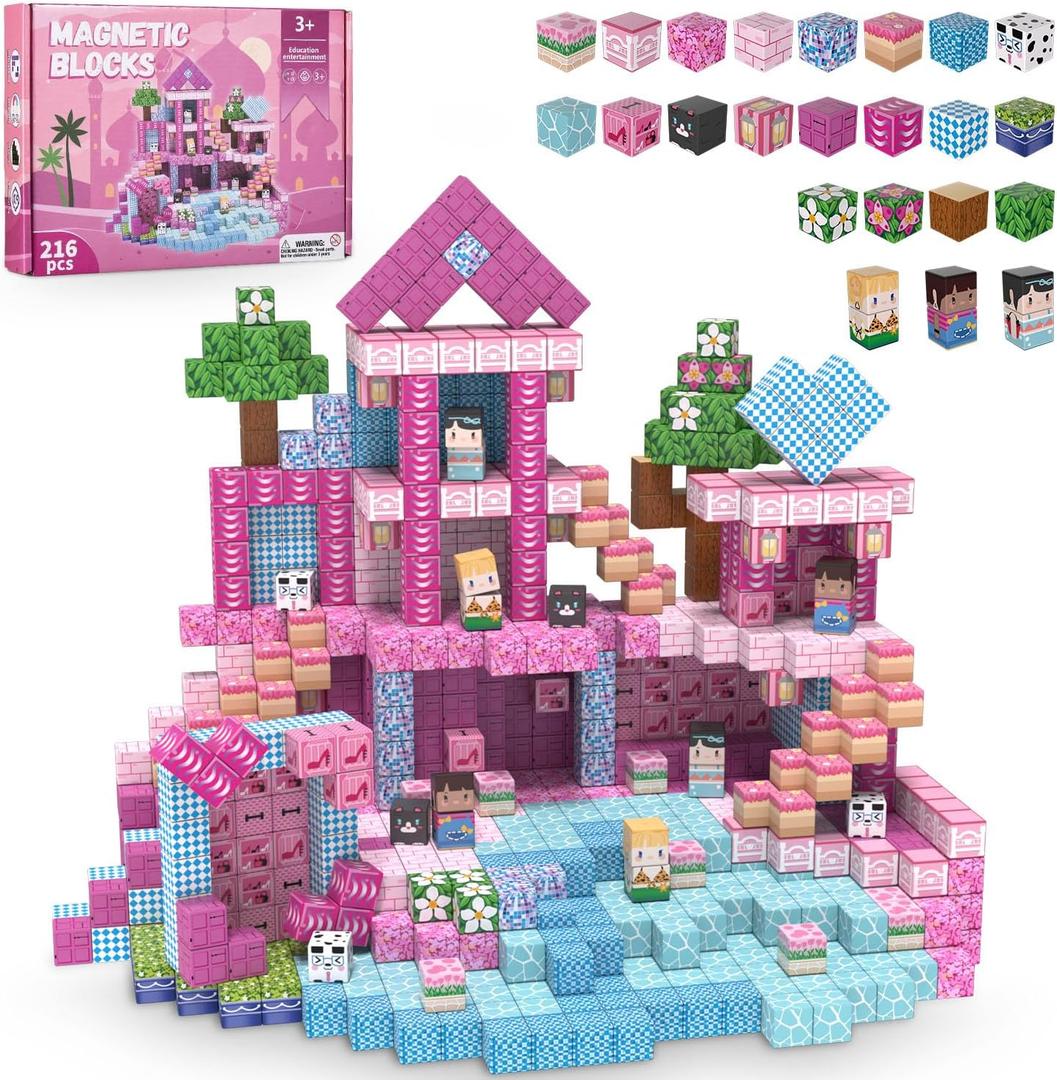 ADAH 216PCS Magnetic Building Blocks for Girls, Pink Princess STEM Toys for Ages 4-8, Creative Educational Building Toys for 3-6 Year Olds, Magic Blocks for Kids