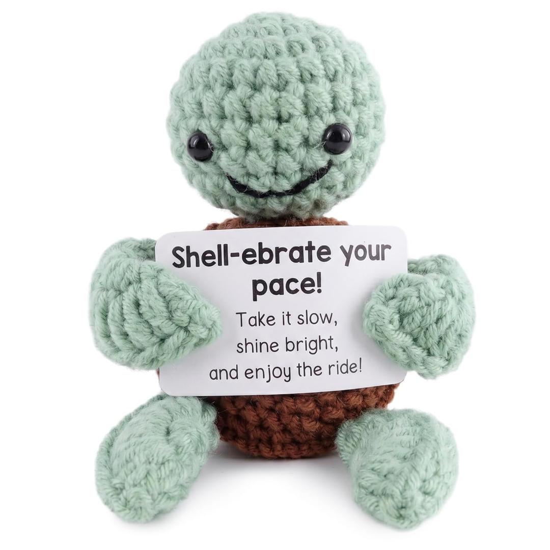 Reluen Crochet Turtle, Shell-ebrate Your Pace Handmade Mini Turtle Crochet Animal with Inspirational Affirmation Card, Cute Pocket Hug Desk Decor Graduation Gift for Women Men Mom Daughter Coworker