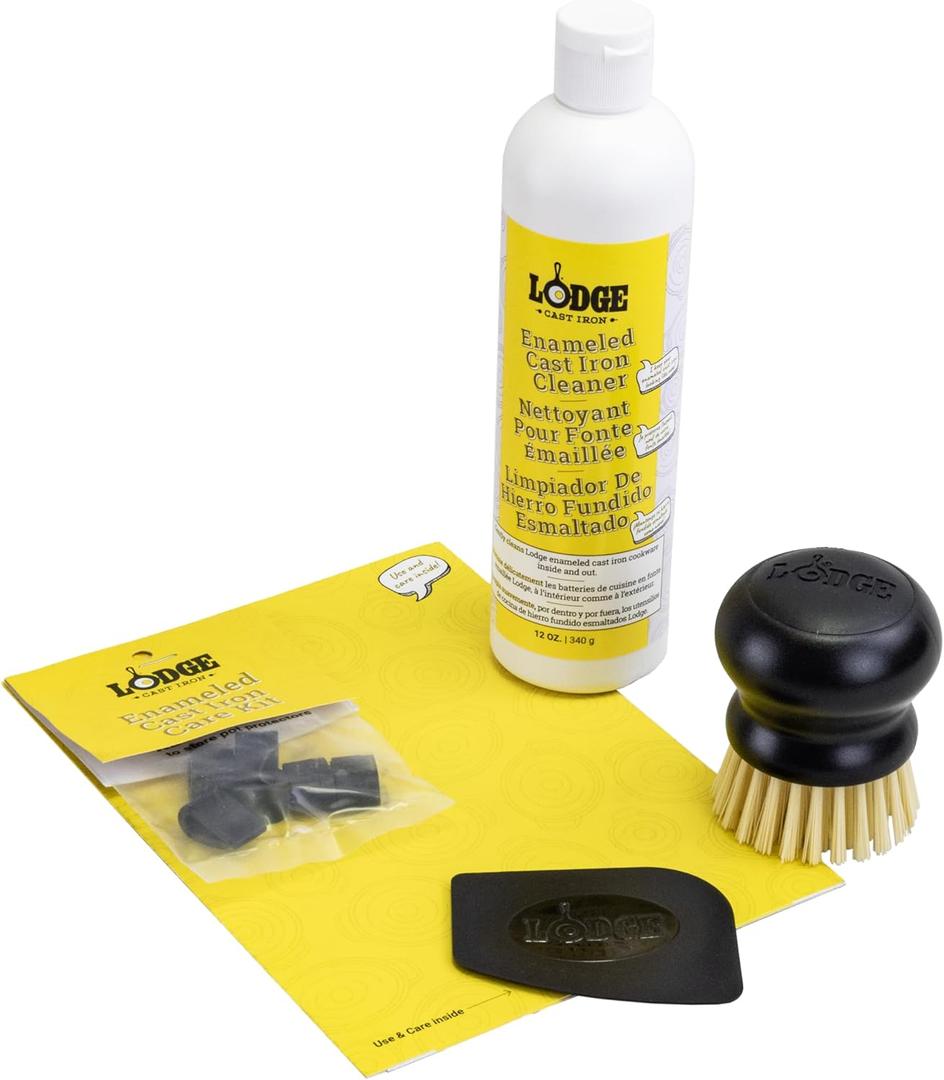 Lodge Enameled Cast Iron & Ceramic Stoneware Cleaner Care Kit - Set Includes 11oz Cleaner, Black Pan Scraper, Scrub Brush, Package of Pot Protectors, and Use & Care Booklet - 5 Piece Set