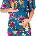My Bump Womens Off Shoulder Maternity Dress - Ruched Ruffle Off Shoulder Baby Shower Pregnancy Dress (Made in USA) (Medium, Teal#1 Flower)
