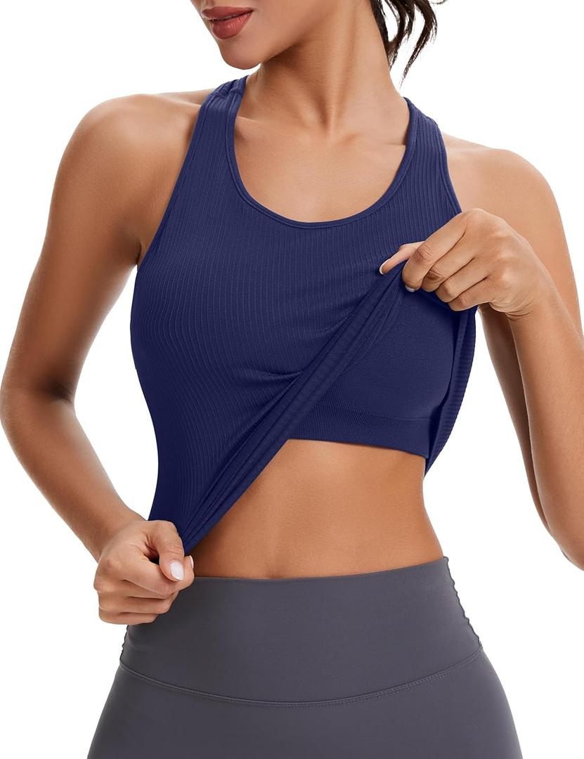 MathCat Seamless Workout Tops for Women with Built in Bra Athletic Tank Tops Yoga Runnning Workout Shirts Slim Fit (Small, Navy)