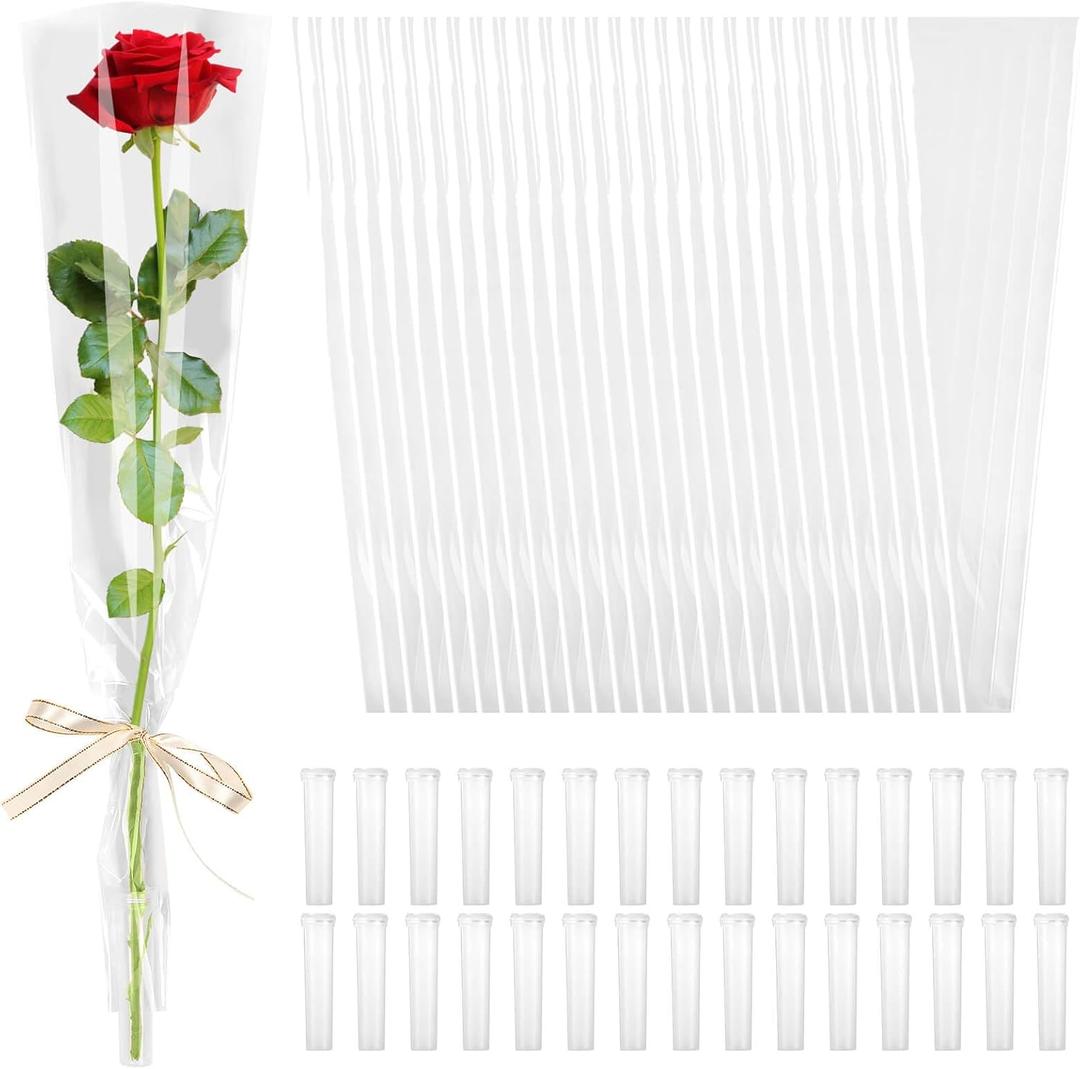 cridoz 100 Pcs Single Rose Sleeve with 100 Pcs Floral Water Tubes for Bouquets, Single Flower Sleeve Flower Wrapping Bags Flower Water Tubes for Mother's Day Graduation Party(Transparent)