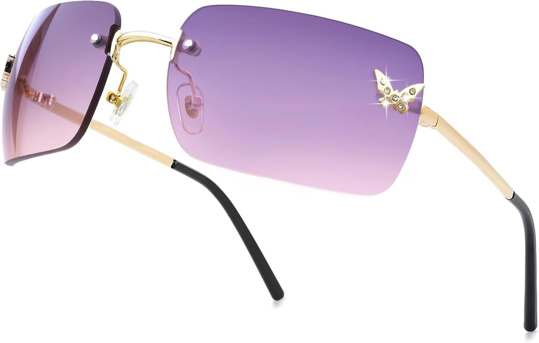 knliwkm Rimless Rectangle Y2k Sunglasses for Women Men Cute Small Clear Frameless Tinted Lens 2000S Fashion Shades Butterfly (Gold, Purple/ Pink)