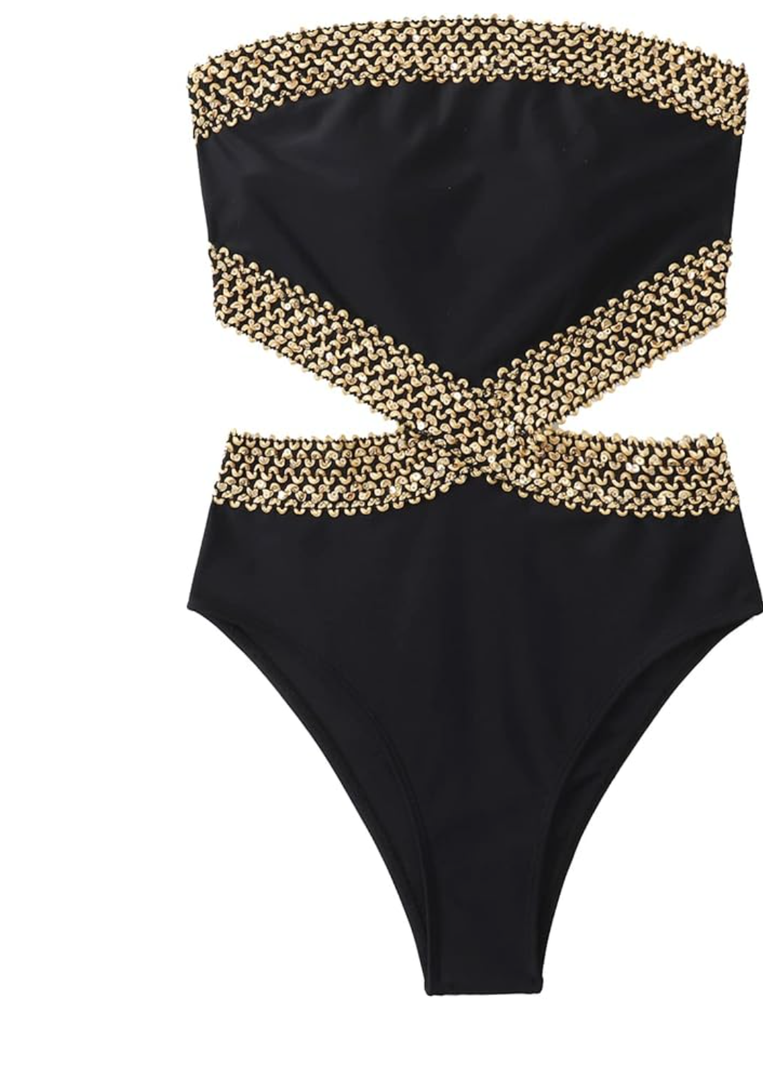 Milumia Women's Stitch Detail Strapless One Piece Swimsuit Cut Out Bandeau Bathing Suit, (Black, Medium)