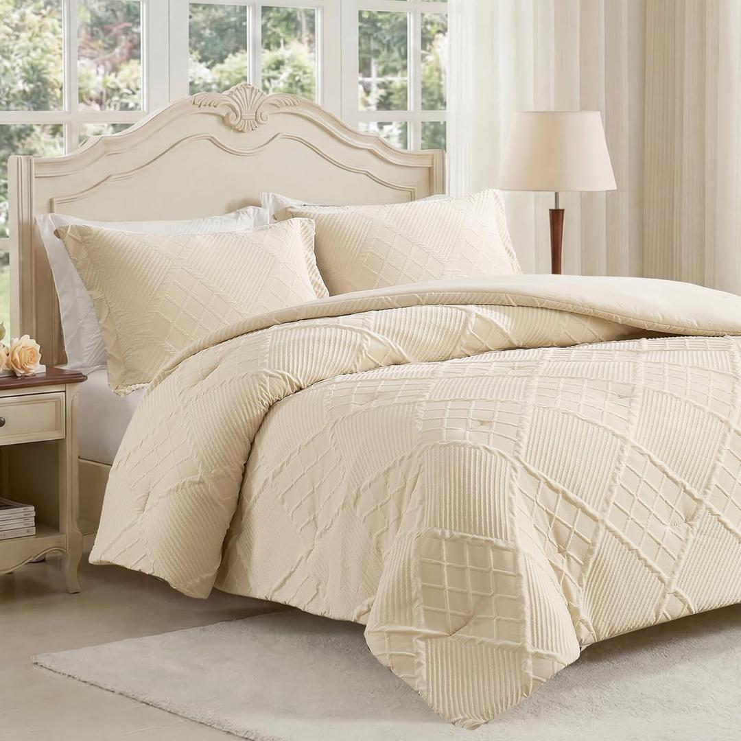 Amlie Home Twin Comforter Set, 2 Piece Beige Jacquard Bedding Set with 1 Pillow case, Soft Microfiber Diamond Design, Lightweight All-Season for Bedroom & Dorm  Beige, Twin (68"x90")