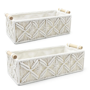 Nonam Macrame Storage Baskets, Boho Decor Style Woven Storage Boxes for Home Organization, Toilet Tank Shelf Cabinet Organizer Baskets,Set of 2 - White