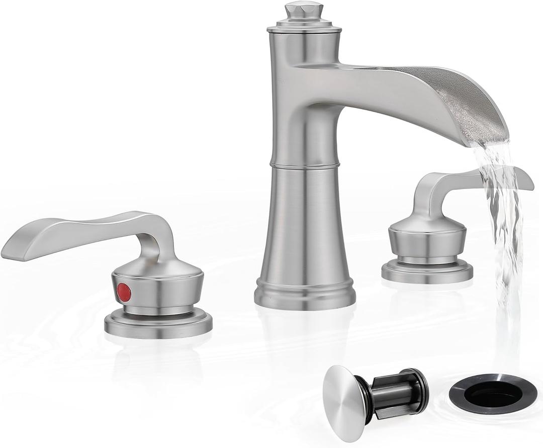 Widespread Bathroom Faucet, 4-16 Inch Brushed Nickel Waterfall Bathroom Faucets Solid Brass Sink Faucet Bathroom Vanity Faucets 3 Hole 2 Handle with Supply Water Hoses Pop-up Drain