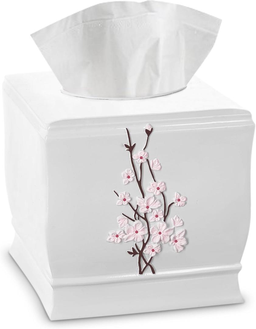 Creative Scents Vanda Square Tissue Box Cover White & Pink Cherry Blossom Floral Decor Decorative Resin Tissue Holder for Bathroom Vanities & Nightstands Durable Bottom Slider