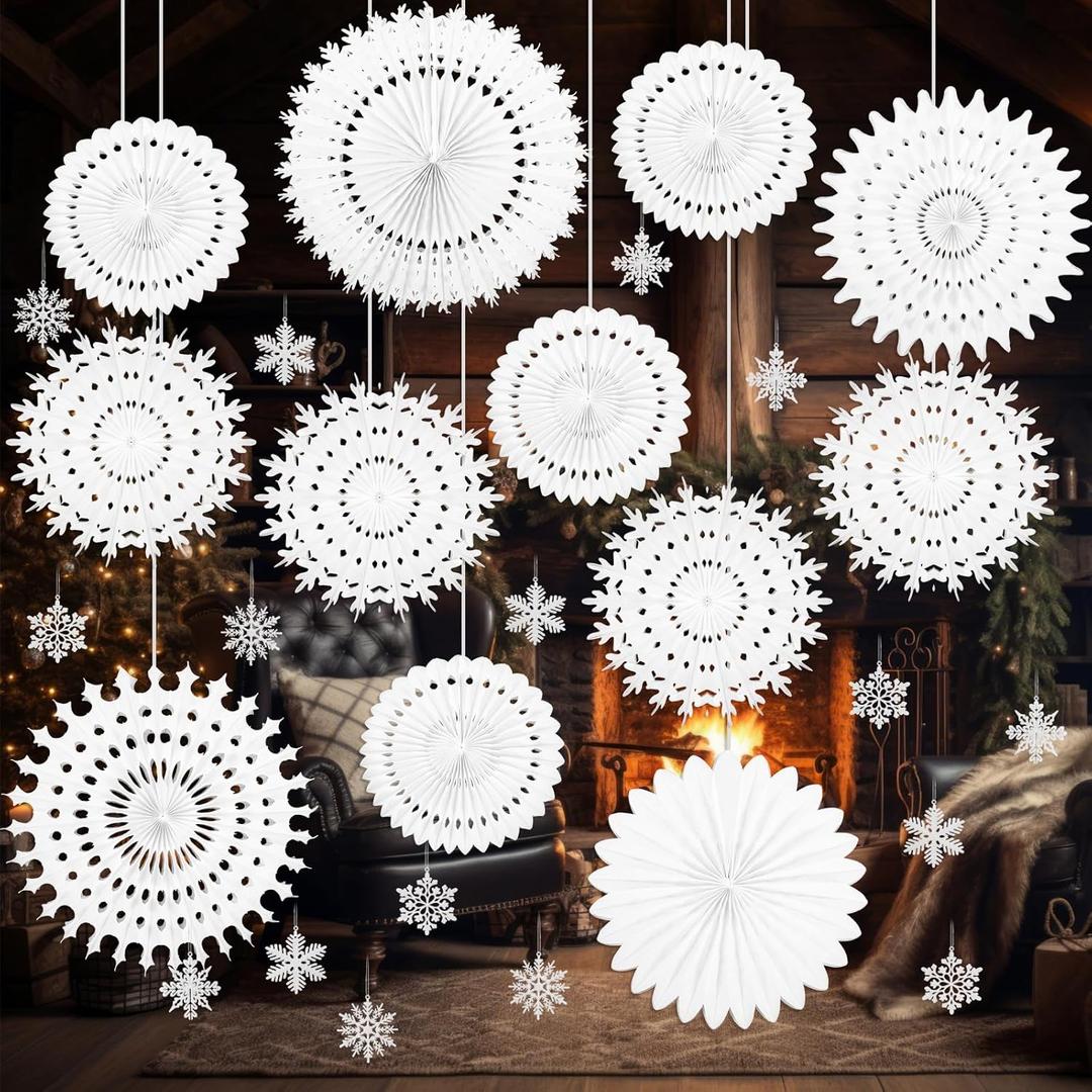 Syhood 40 Pack Large White Snowflake Hanging Decorations Valentines Paper Hanging Fans Decor Wonderland Party Decorations with Small Snowflake Ornaments for Winter Wedding Birthday
