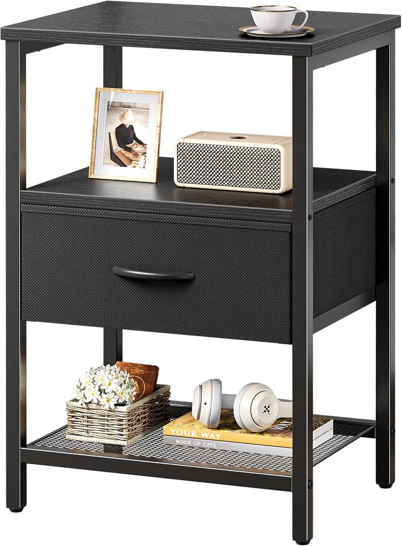 Huuger Night Stand with Fabric Drawer, Side Table with Mesh Shelf, Bedroom Nightstand, Fabric Drawer Dresser, Open Shelf, Metal Frame, Couch Side, Black