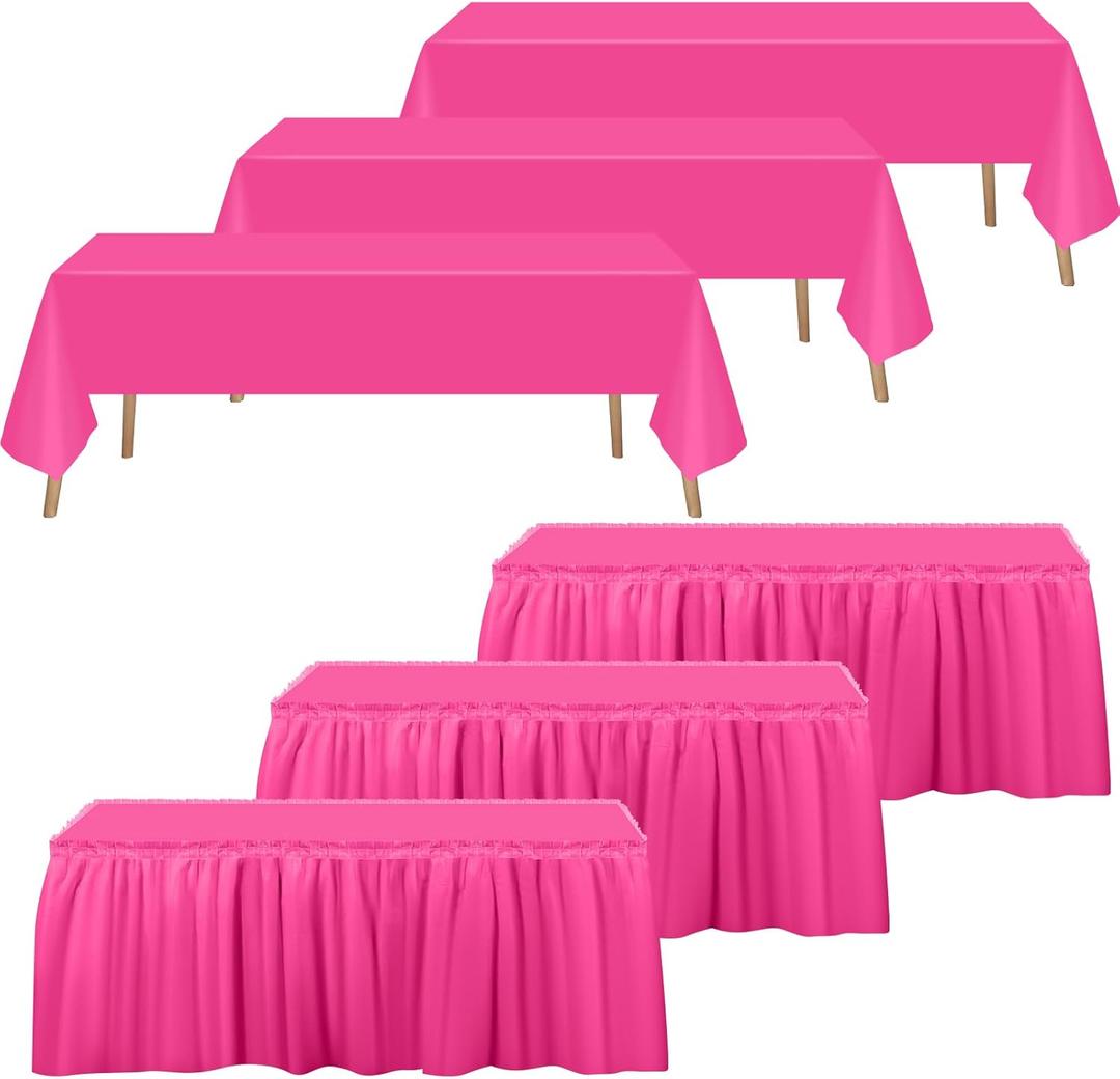 Oudain 6 Pcs Plastic Table Skirts and Stainproof Table Cloths 54 x 108 in Plastic Ruffle Tablecloth 168 x 29 Inches Disposable for Wedding Baby Shower Valentine Spring Easter Party(Hot Pink)