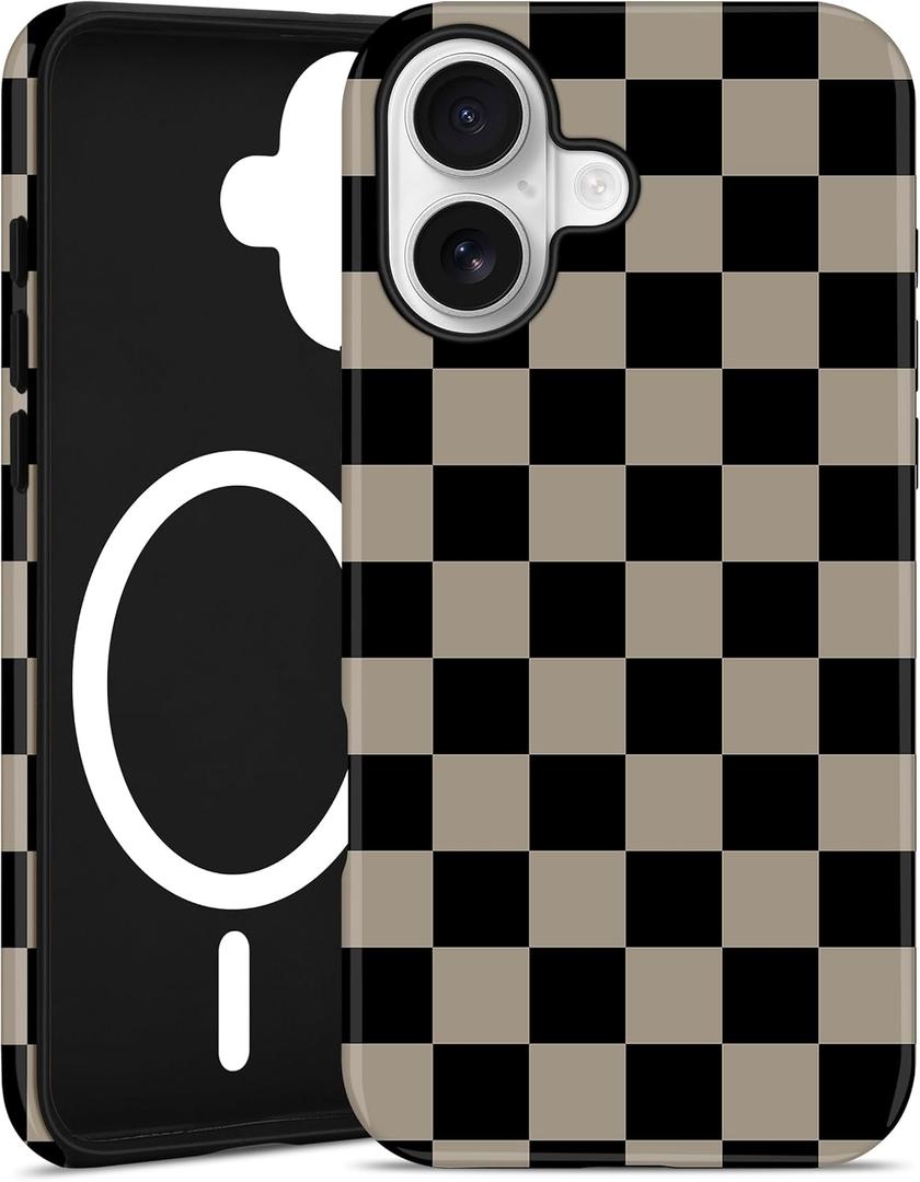Jusy Compatible with MagSafe Checkerboard Phone Case for iPhone 12 Pro Max, Cute Aesthetic Checkered Magnetic Soft TPU & Hard PC Protective Phone Cover for Women GirlsMatte - Coffee