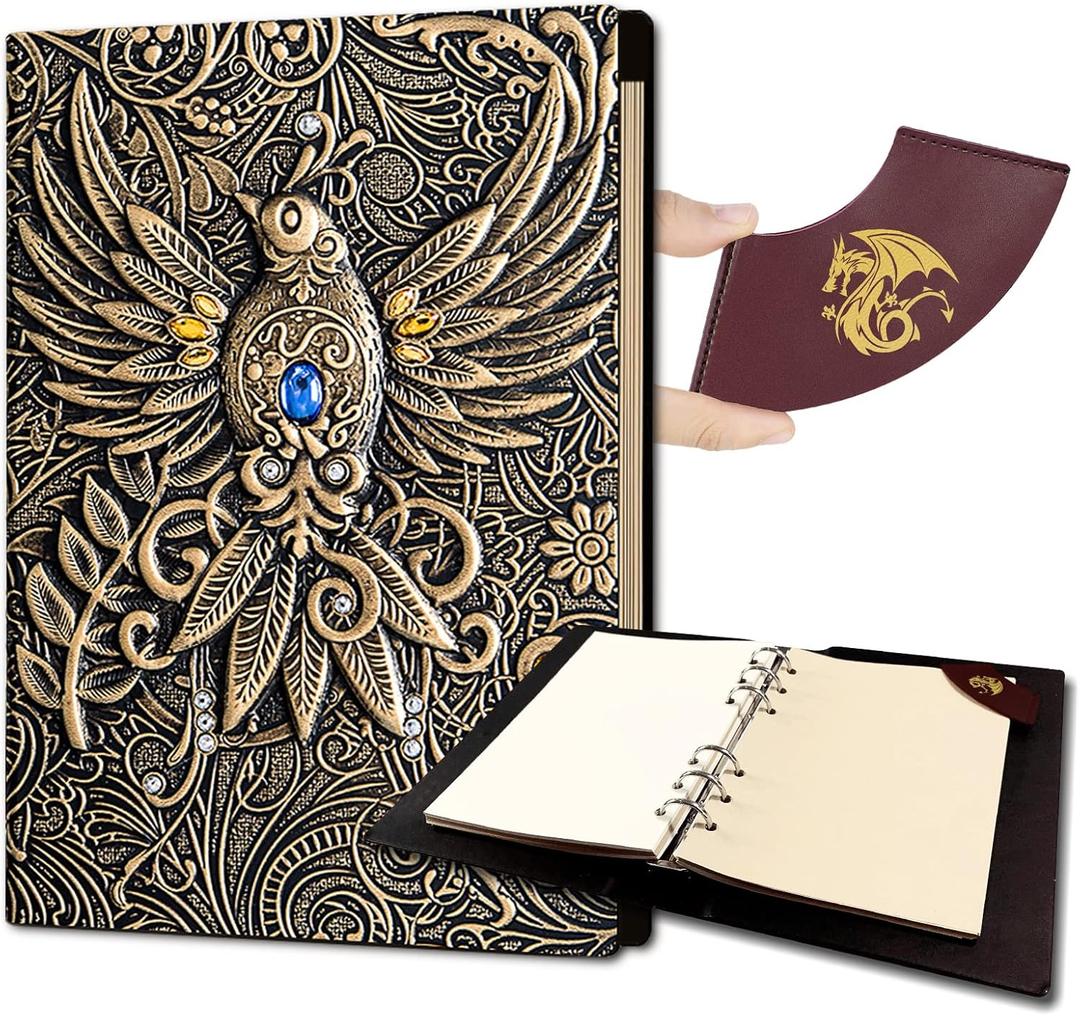 3D Embossed Journal Writing DND Notebook,Refillable 6-rings binder and Bookmark.Notepad Sketchbook,for D&D Campaign Journal Dungeons and Dragons dice set Gifts (Bronze Phoenix)