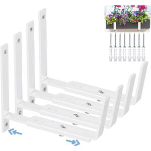 HFHOME 4 PCS Adjustable Planter Box Brackets (6 to 12.5 in), Universal Window Box Brackets, Heavy Duty Metal Flower Box Wall Mounting Hooks for Balcony, Fences, Patio, and Garden - White