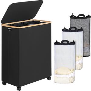 iEGrow Lagre Laundry Basket with Wheels, Laundry Hamper with Lid, 160L Clothes Hamper for Laundry with 3 Liner Bags, for Laundry Room, Bedroom, Dormitory Organization,Black